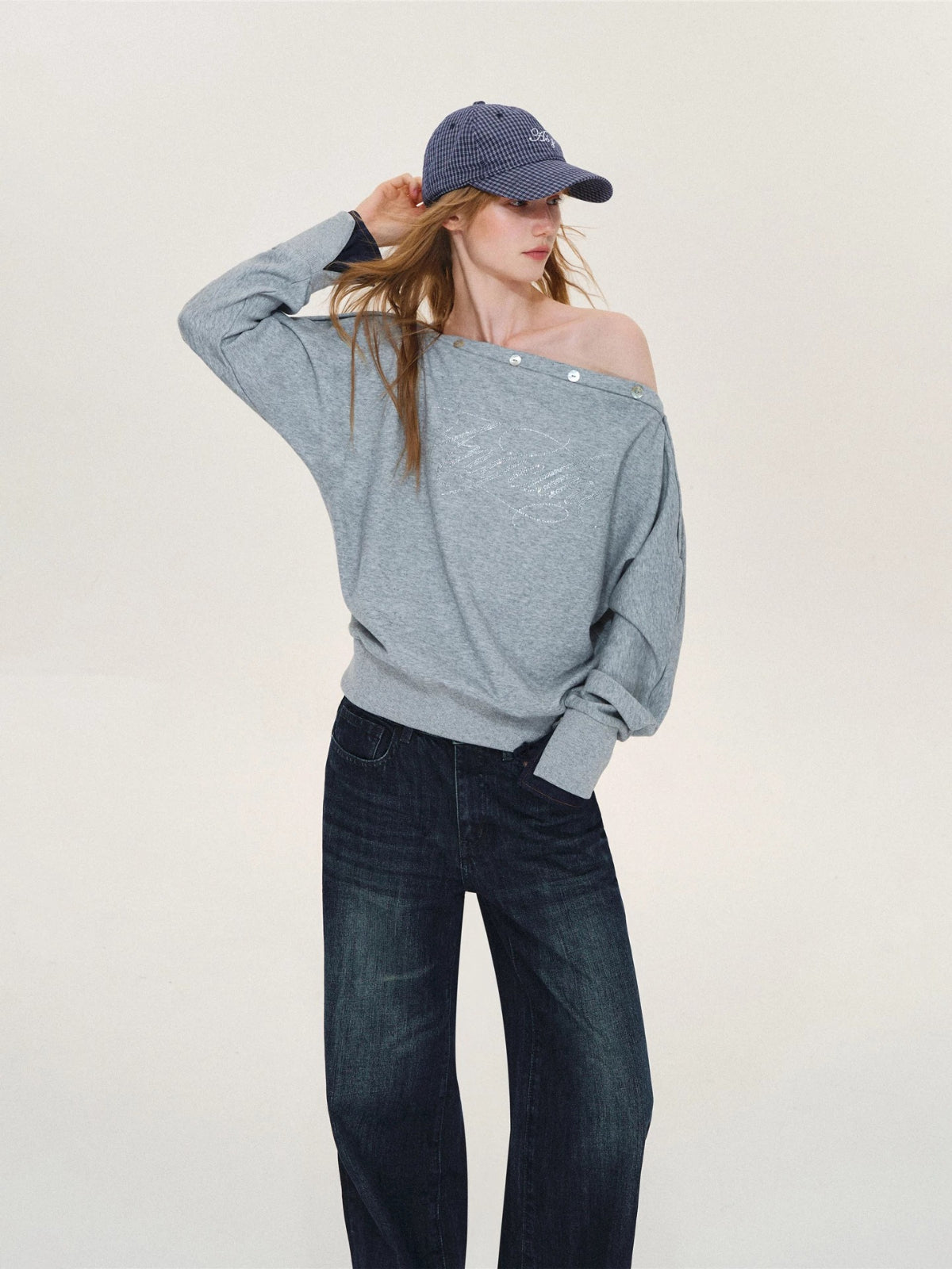 Rhinestone Button Off-Shoulder Sweatshirt