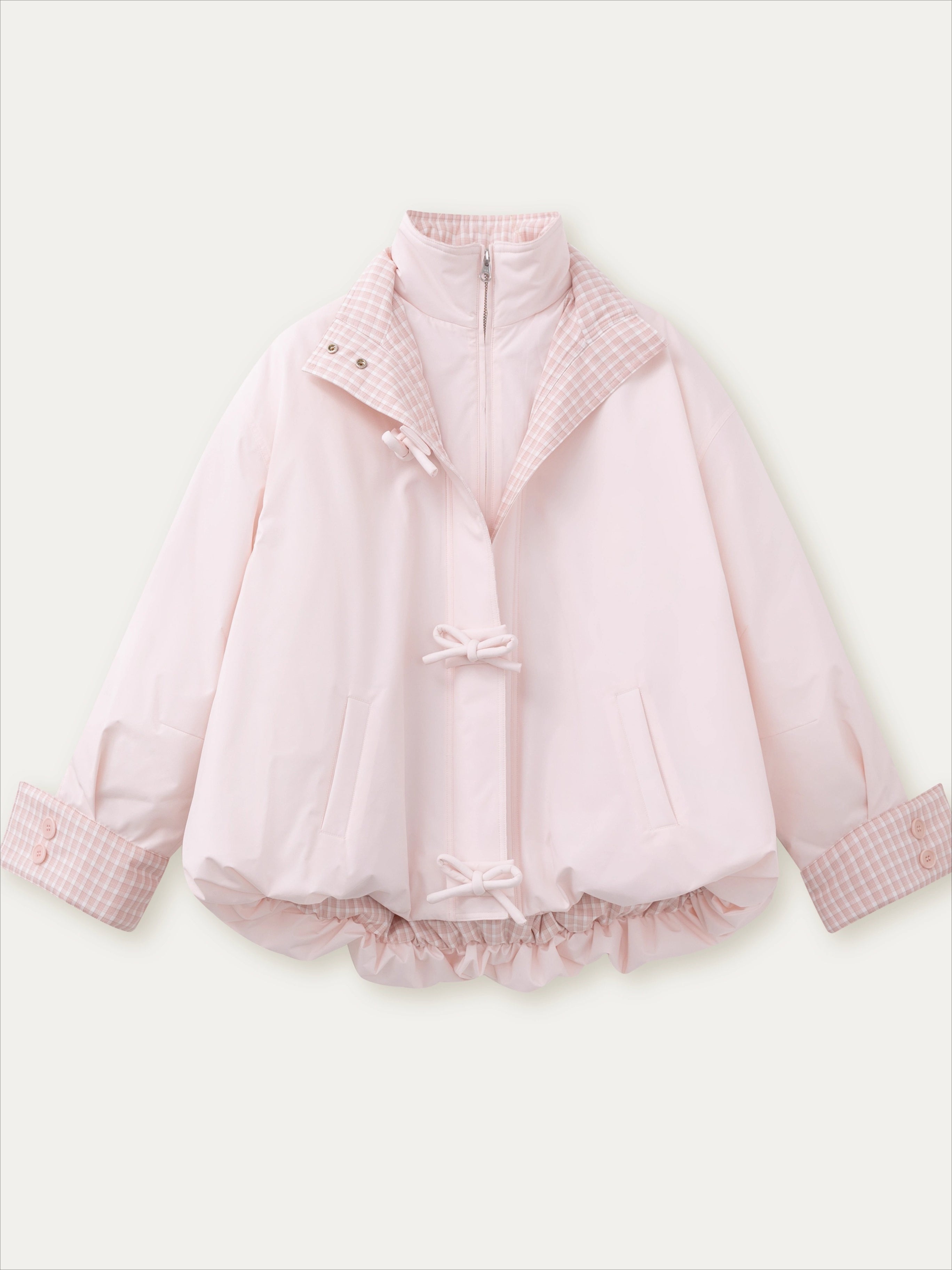 Pink Bow Plaid Down Puffer Jacket