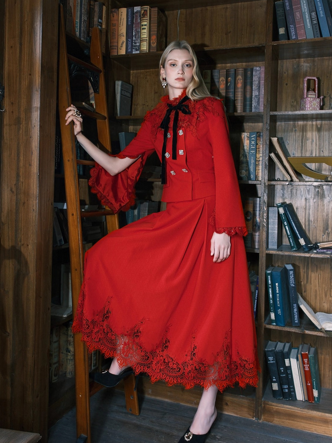 Mirage Vintage Lace-Collar Blazer & Flared Skirt Set