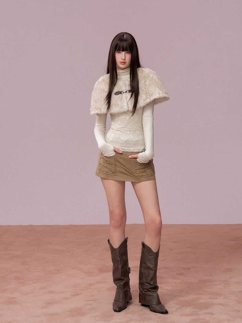 Lace Cold-Shoulder High Neck Long Sleeve Top