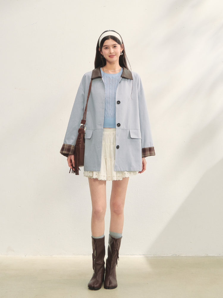 Plaid Patchwork Color-Block Trench Coat