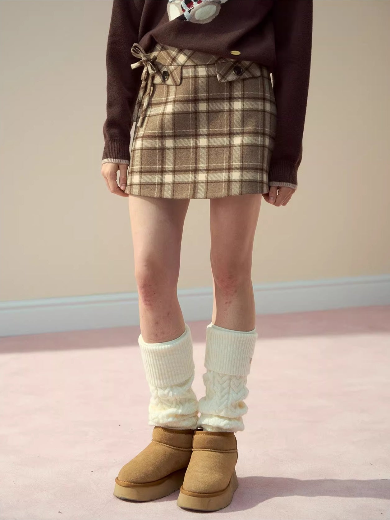 Pink & Brown Plaid A-line Wool Skirt