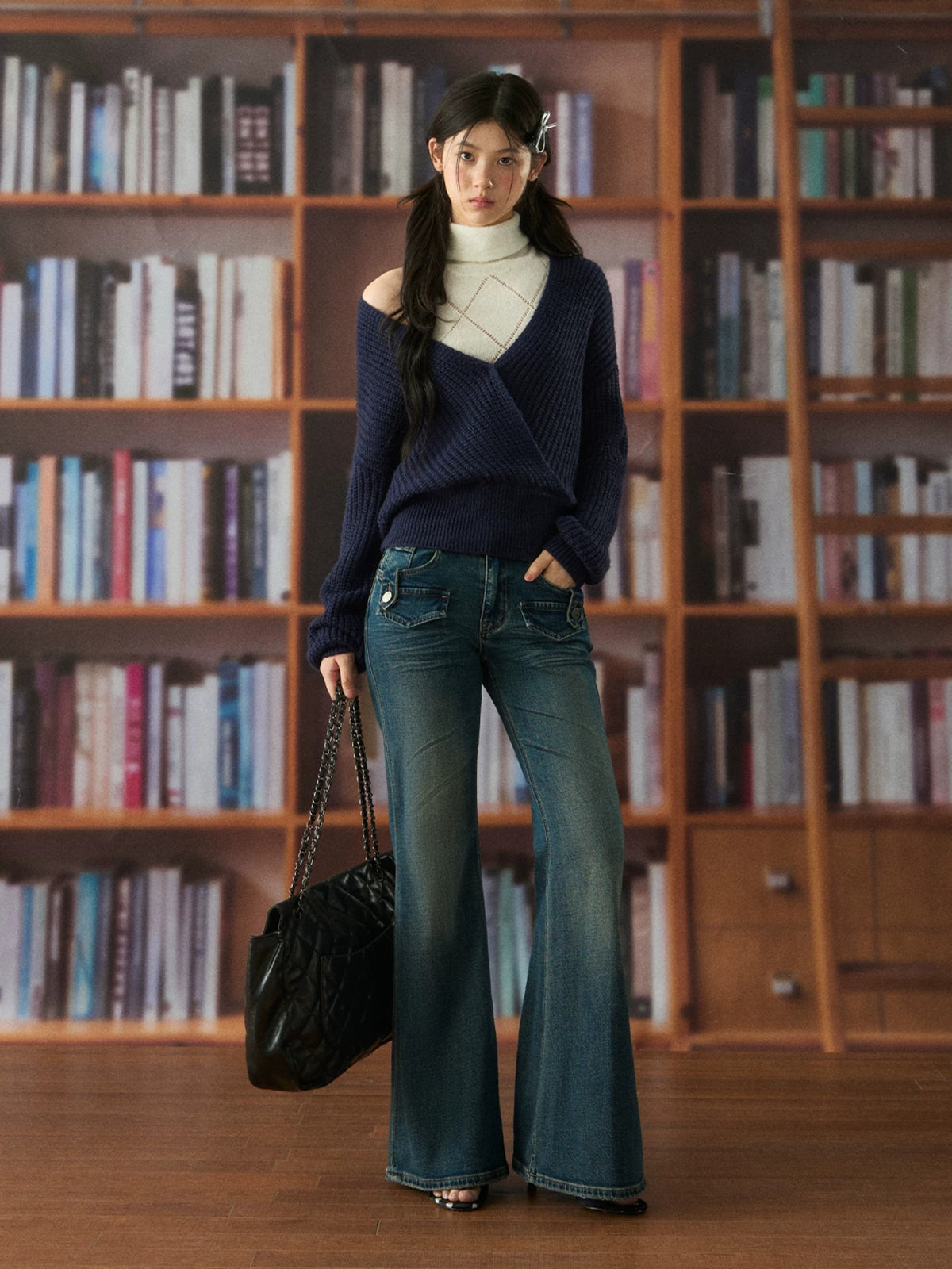 Oversized Deep V-Neck Wool Knit Sweater