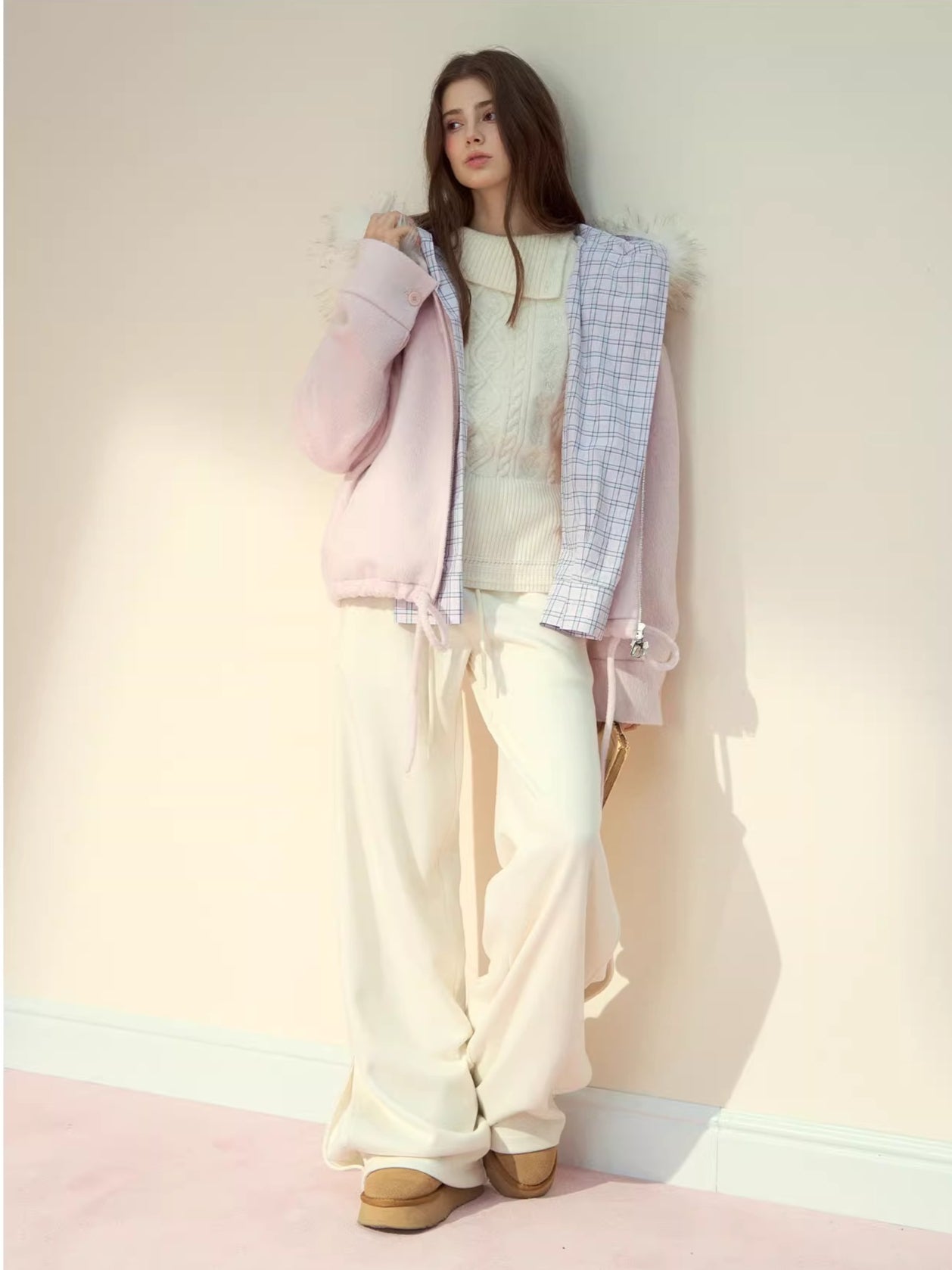 Checked Waist Wool Straight-Leg Pants