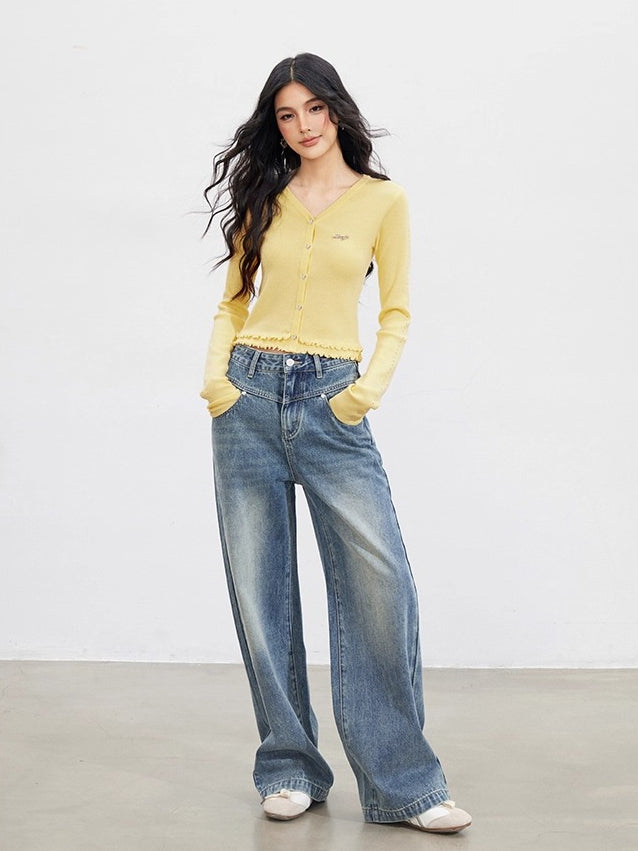 Lace-Trim Slim Knit Cardigan