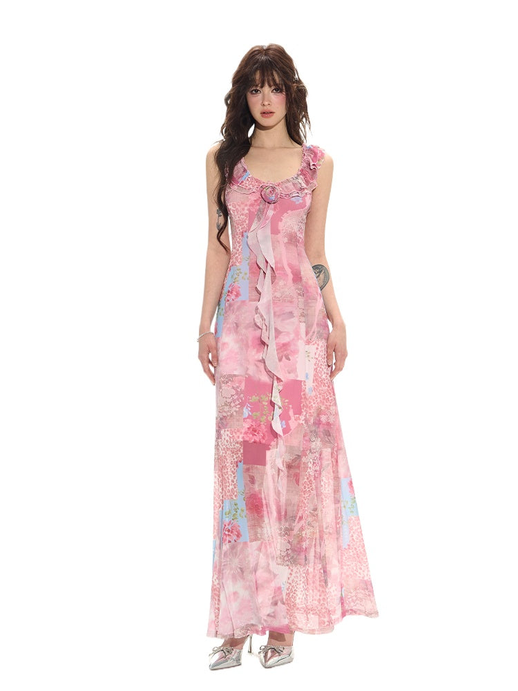 Pink Ruffle Floral Vacation Dress