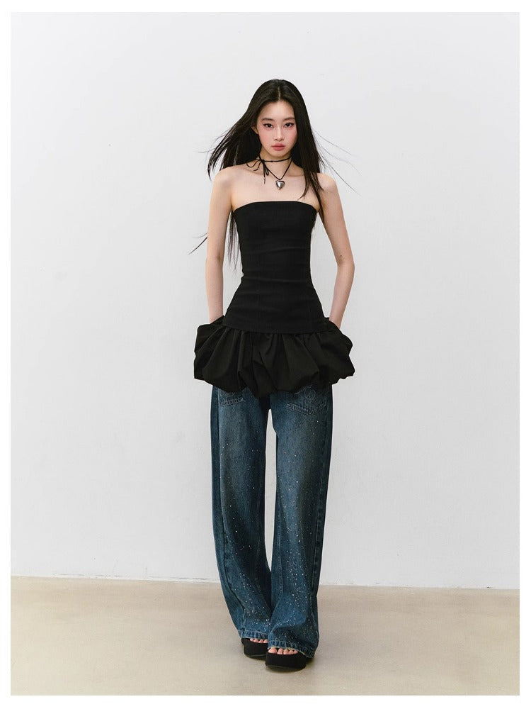 3D Rhinestone Wide-leg Denim Pants