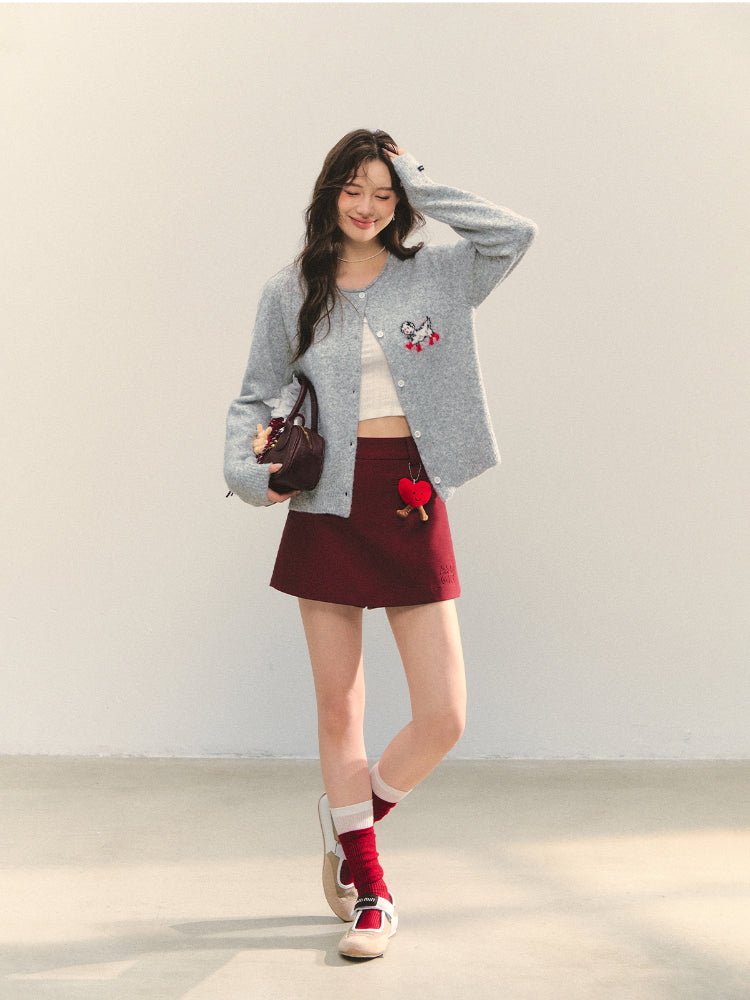Crew Neck Dalmatian Jacquard Knit Cardigan