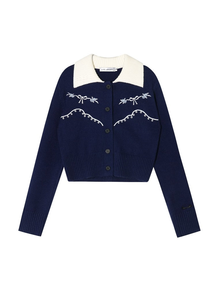 Contrast Collar Embroidered Knit Cardigan