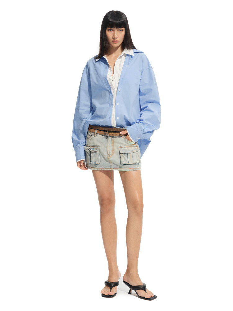 Wrinkle-Resistant Striped Fake Two-Piece Silhouette Collared Shirt