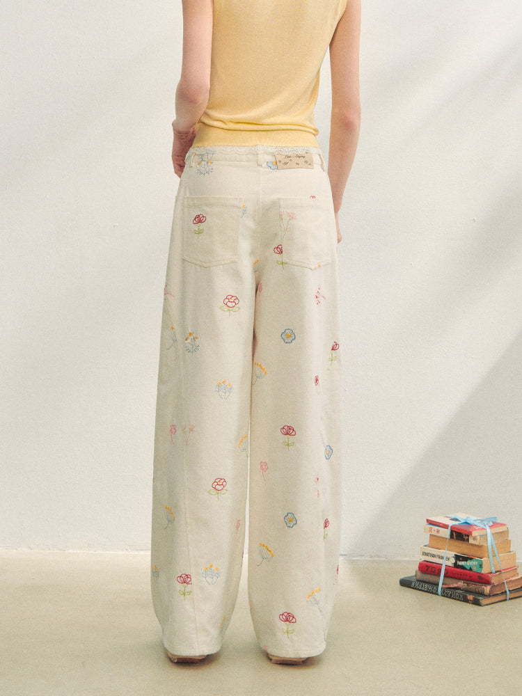 Floral Embroidered Casual Straight-leg Pants