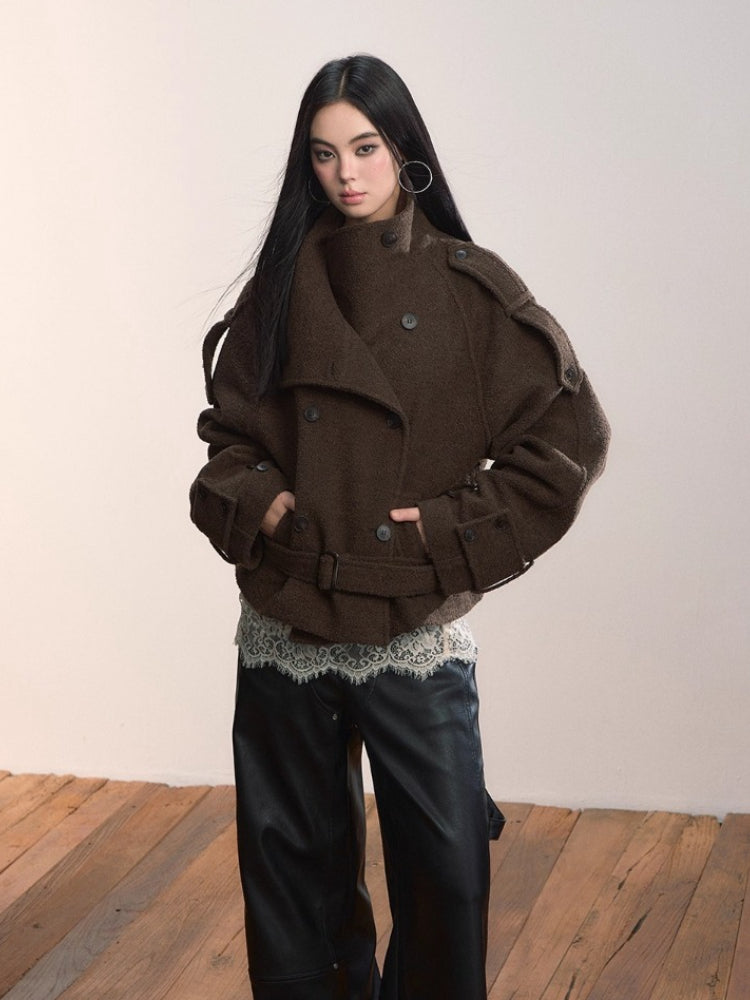 Contrast Double-Breasted Wool-Blend Coat