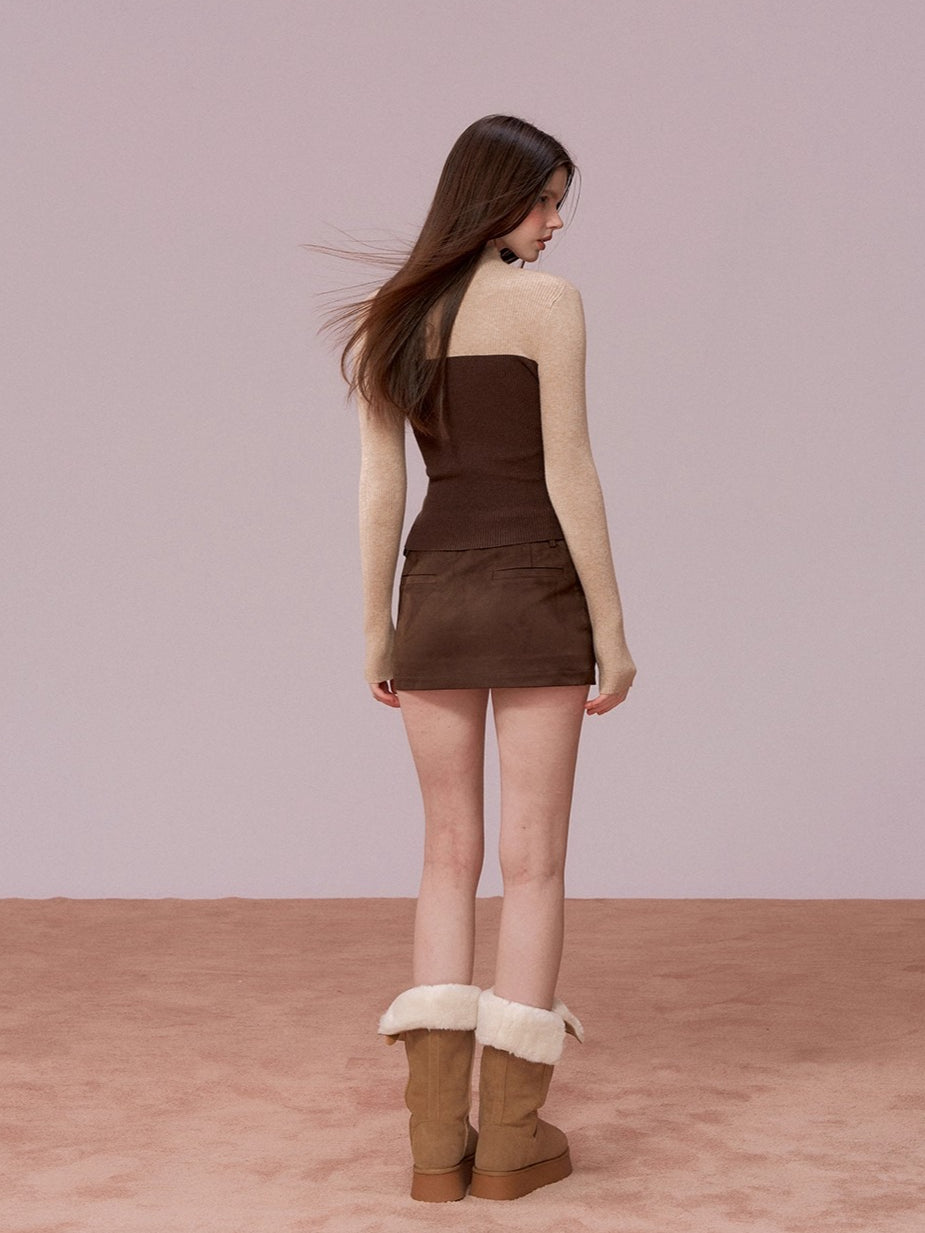 Color-Block High Neck Knit Top & Fringe Cape Set