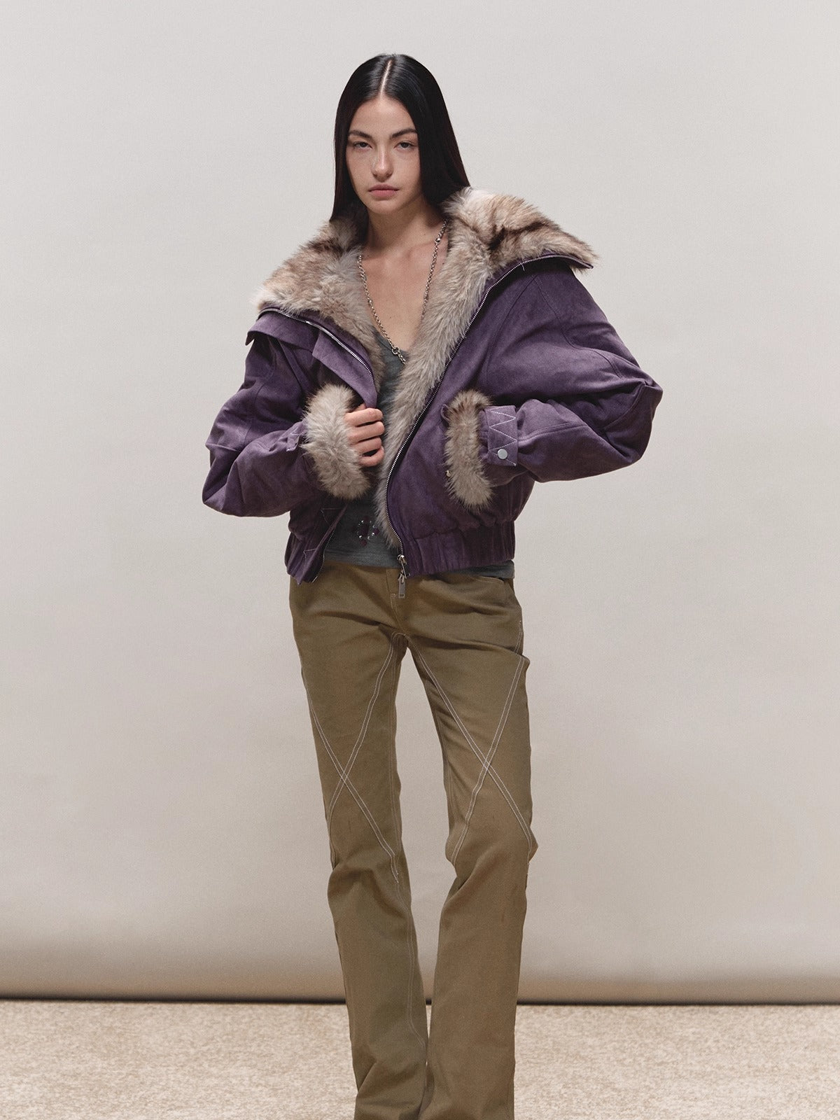 Faux-Suede Fur-Collar Quilted Parka