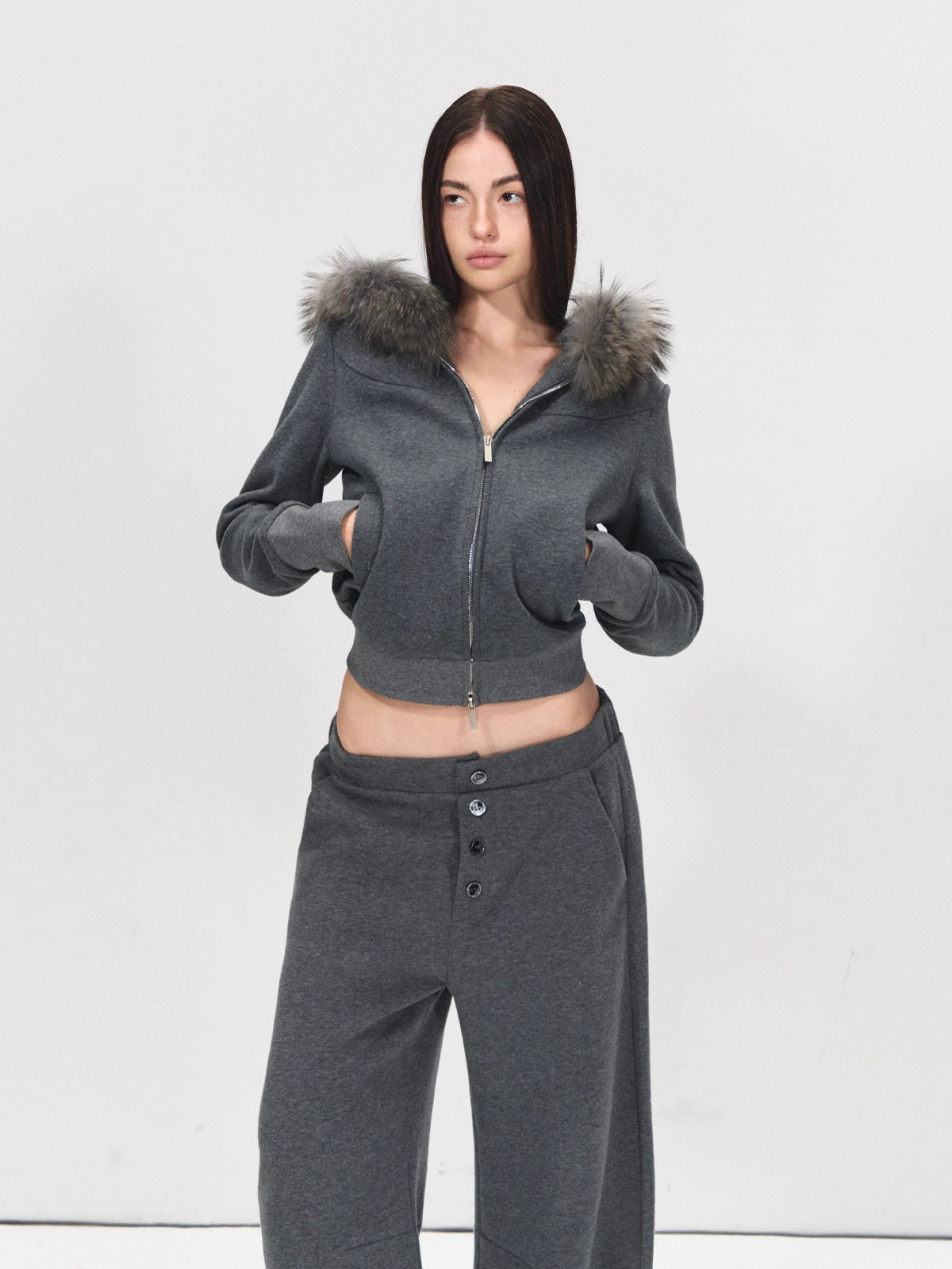 Detachable Fur Collar Hoodie & Sweatpants Set