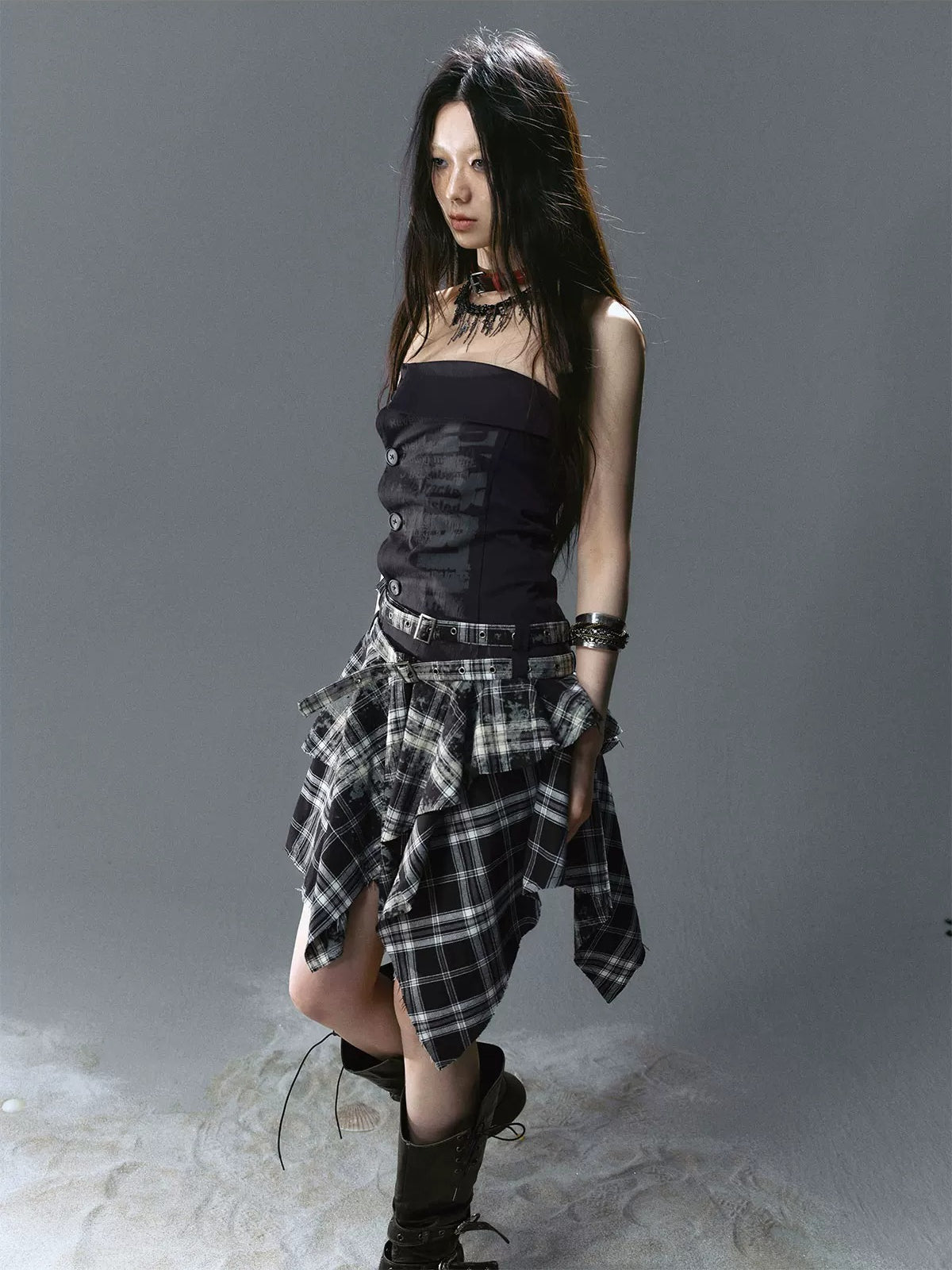 Graffiti Ruched Plaid Bustier Dress