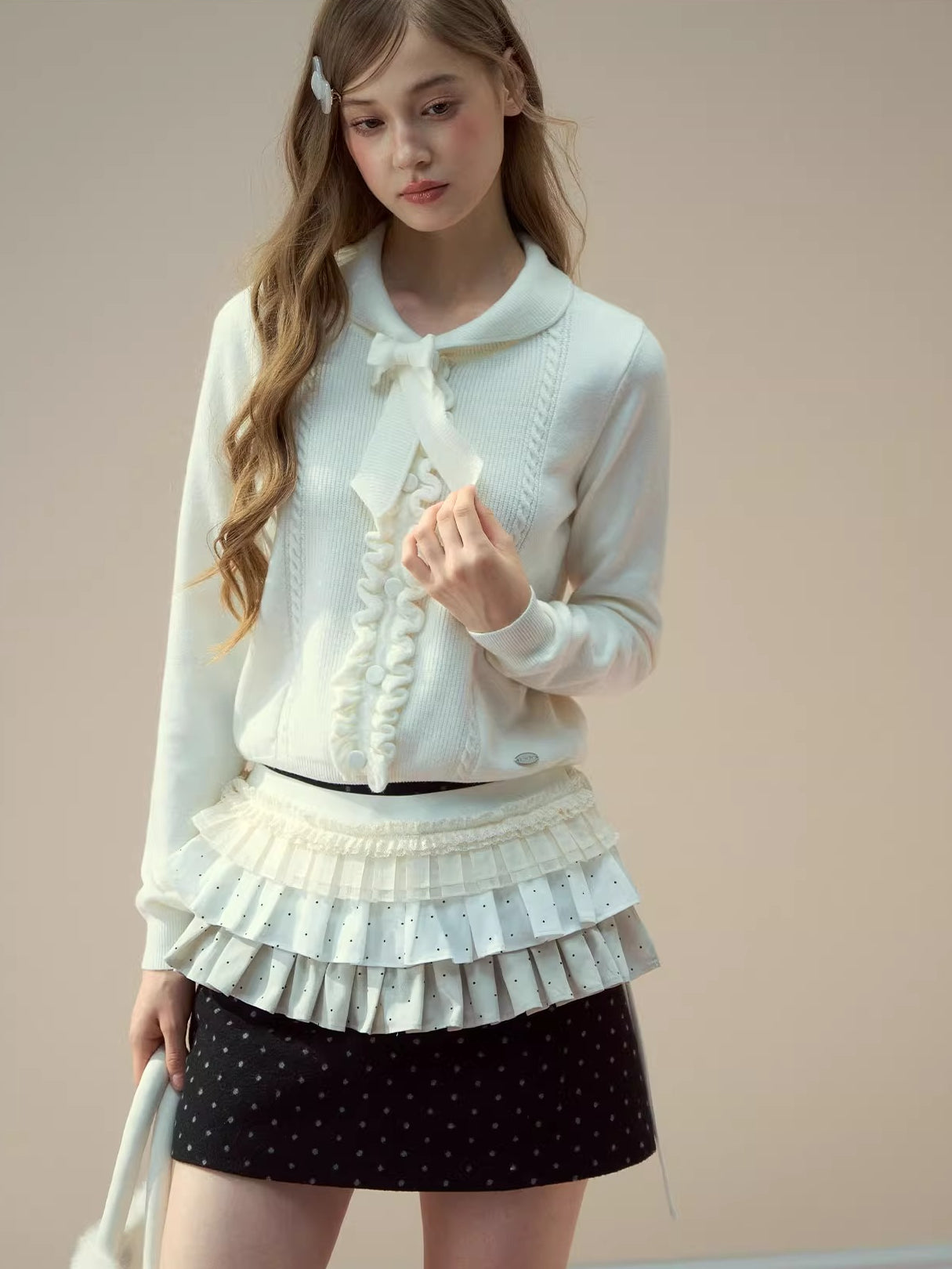 Ruffle-Tie Knit Peter-Pan Collar Sweater