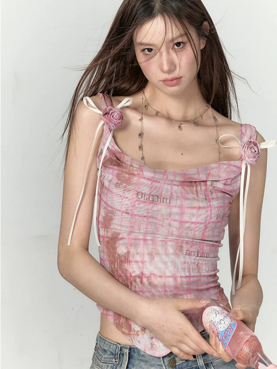 Pink & Yellow Off-Shoulder Mesh Rose Print T-shirt