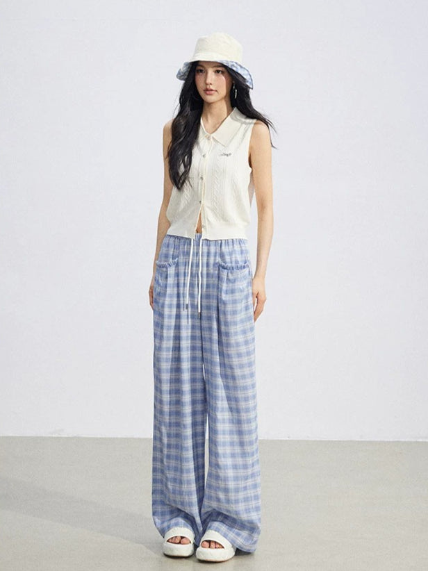 Lace Plaid Wide-Leg Pants