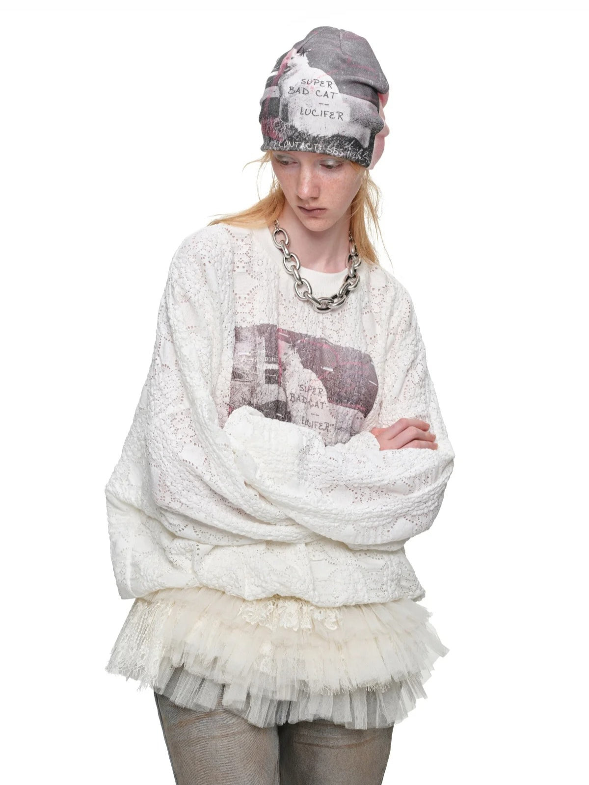 Cat Print Lace Balloon Sweatshirt