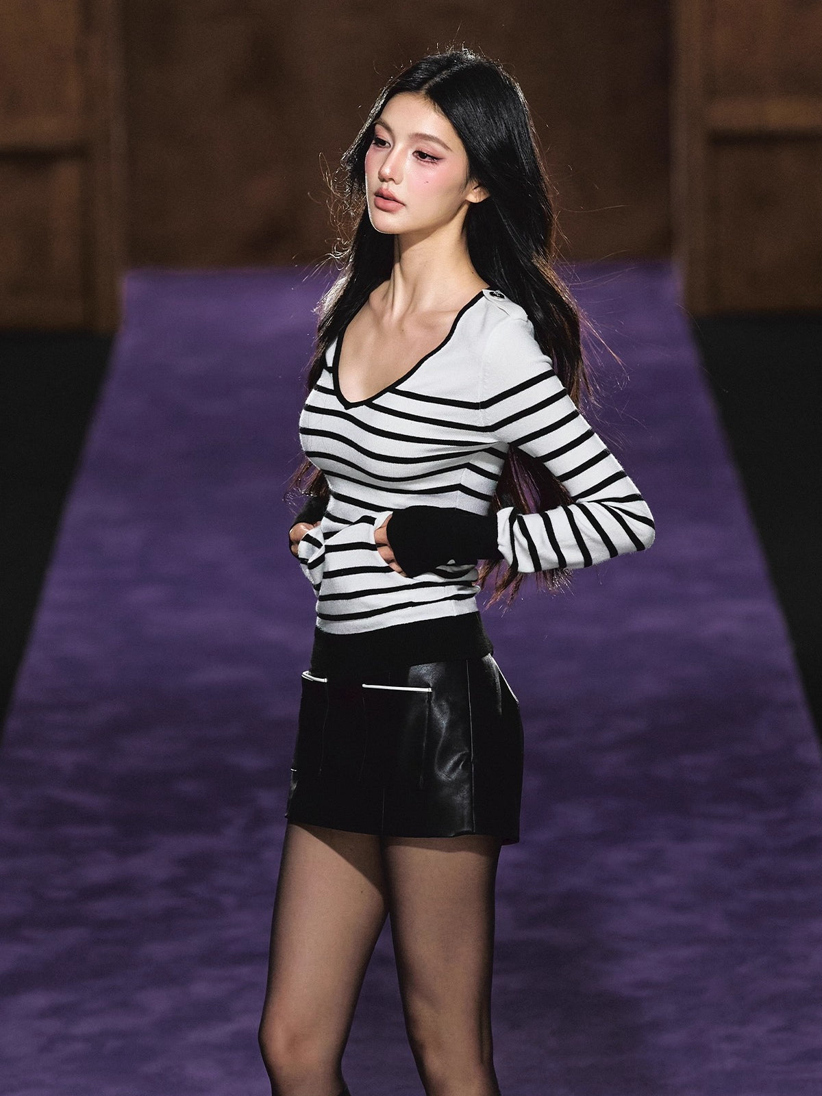 Striped V-Neck Epaulet Long-Sleeve Tee