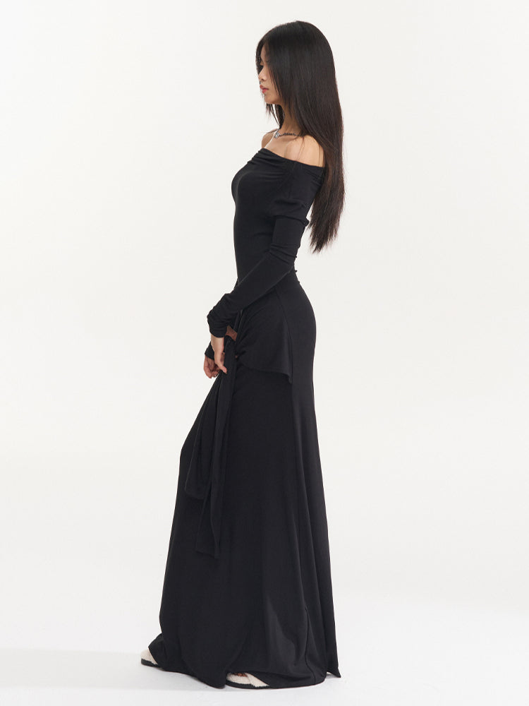 Black & Gray Asymmetric Tie-Waist Slim Dress