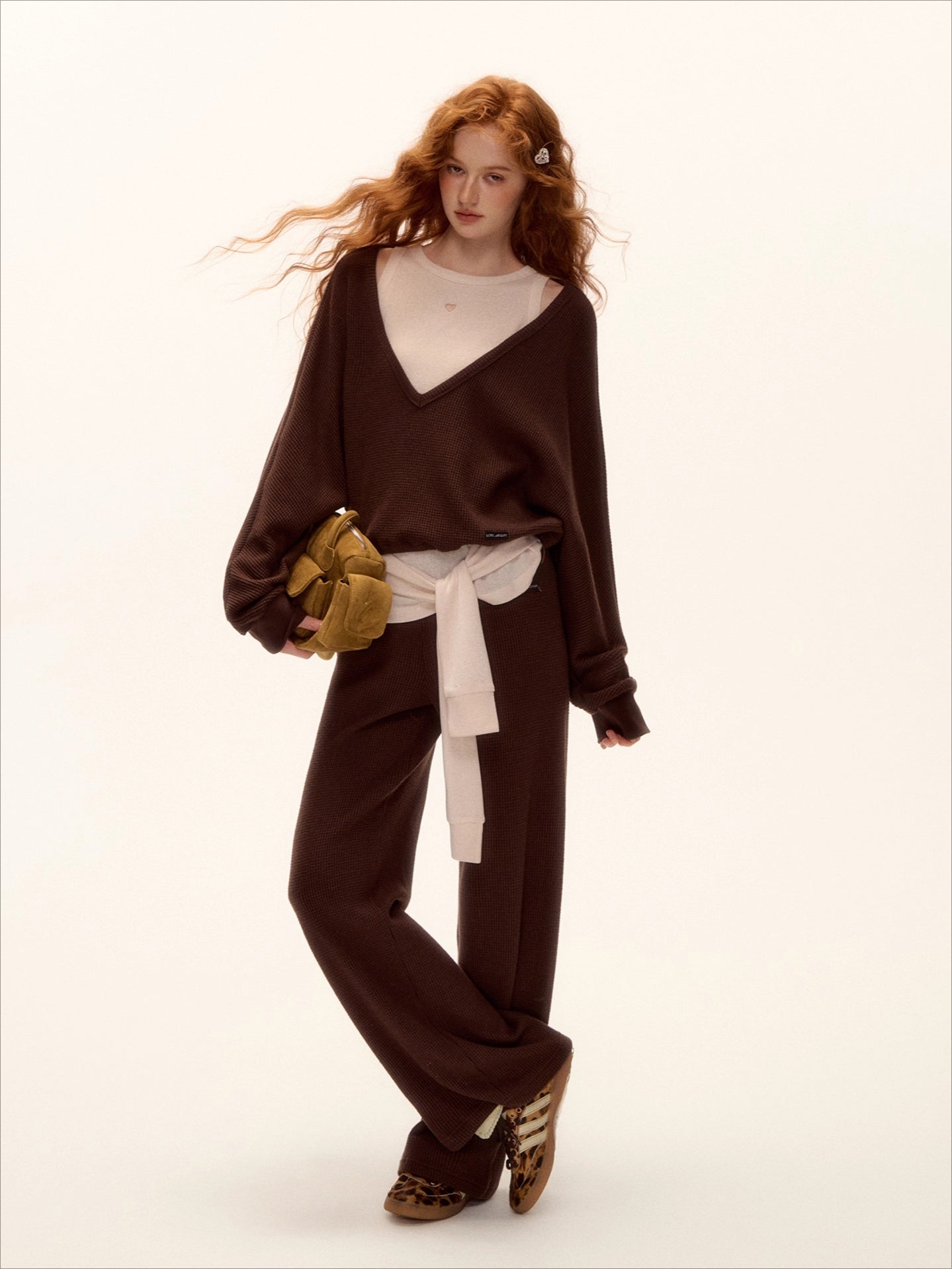 Waffle Knit V-Neck Pullover & Tie Vest Set with Wide-Leg Pants