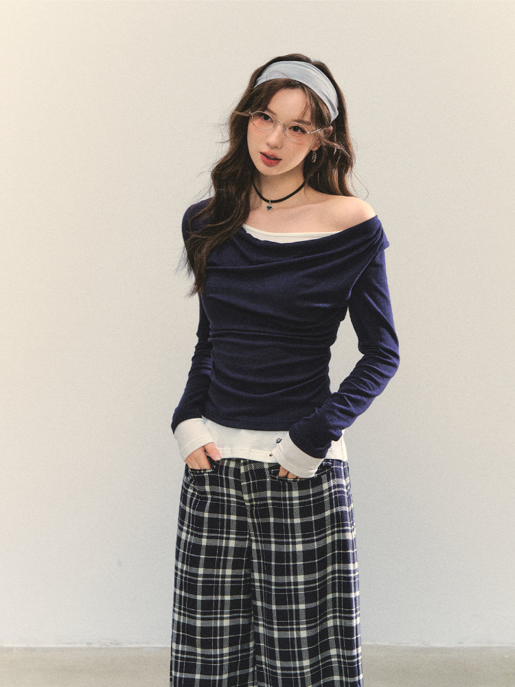 Dangle Collar Fake Two-Piece Color-Blocked Blouse