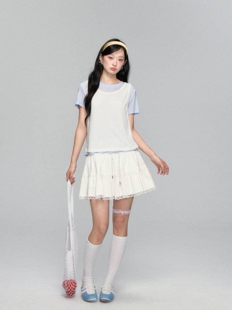 High-waisted Drawstring Lace-spliced Tiered Skirt