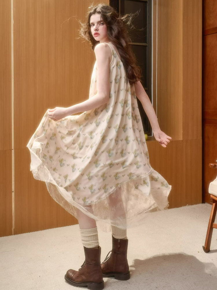Faux-Layer Lace Trim Chiffon Slip Dress