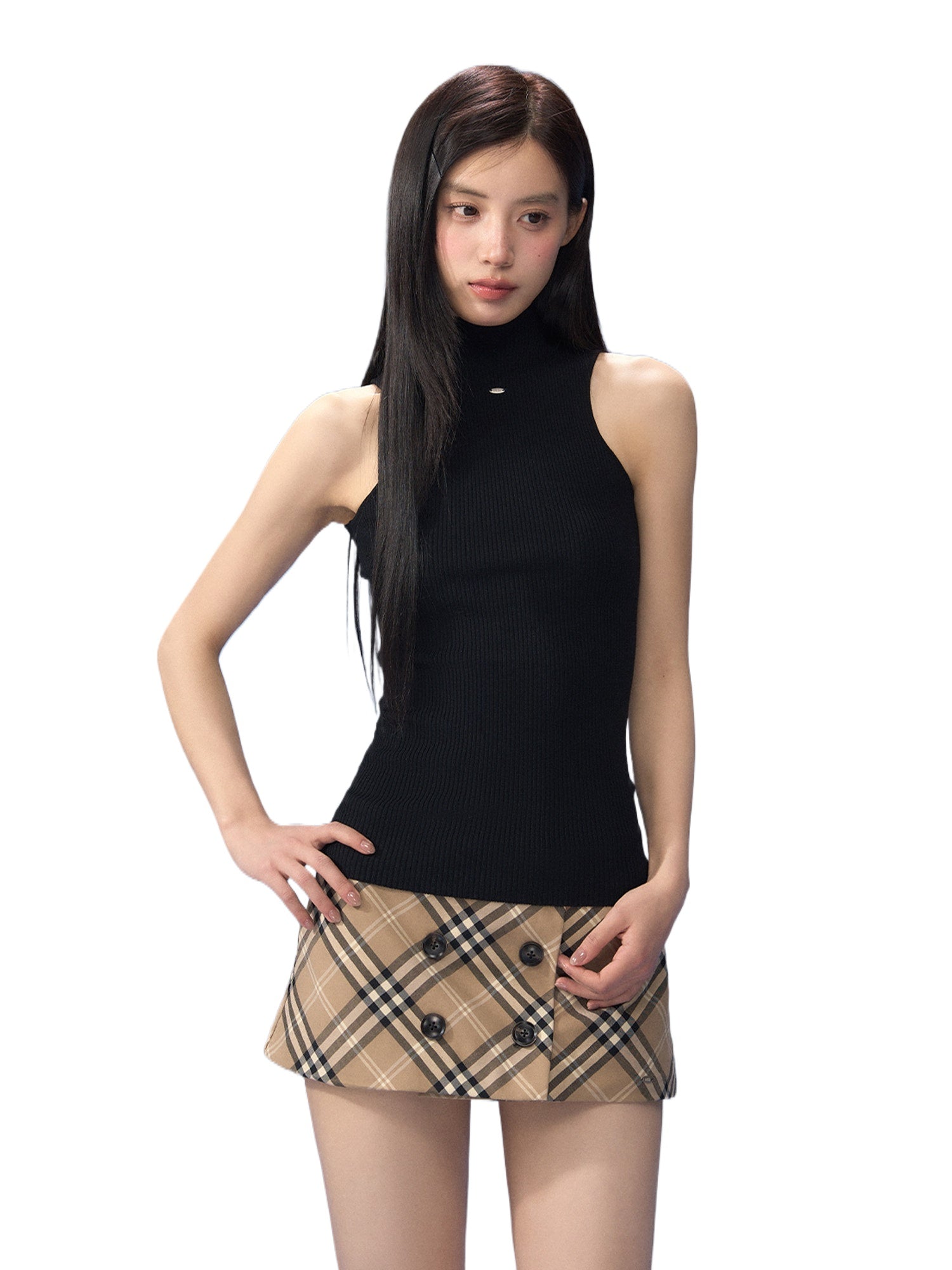 Black Mock-neck Top & Plaid Skirt Set