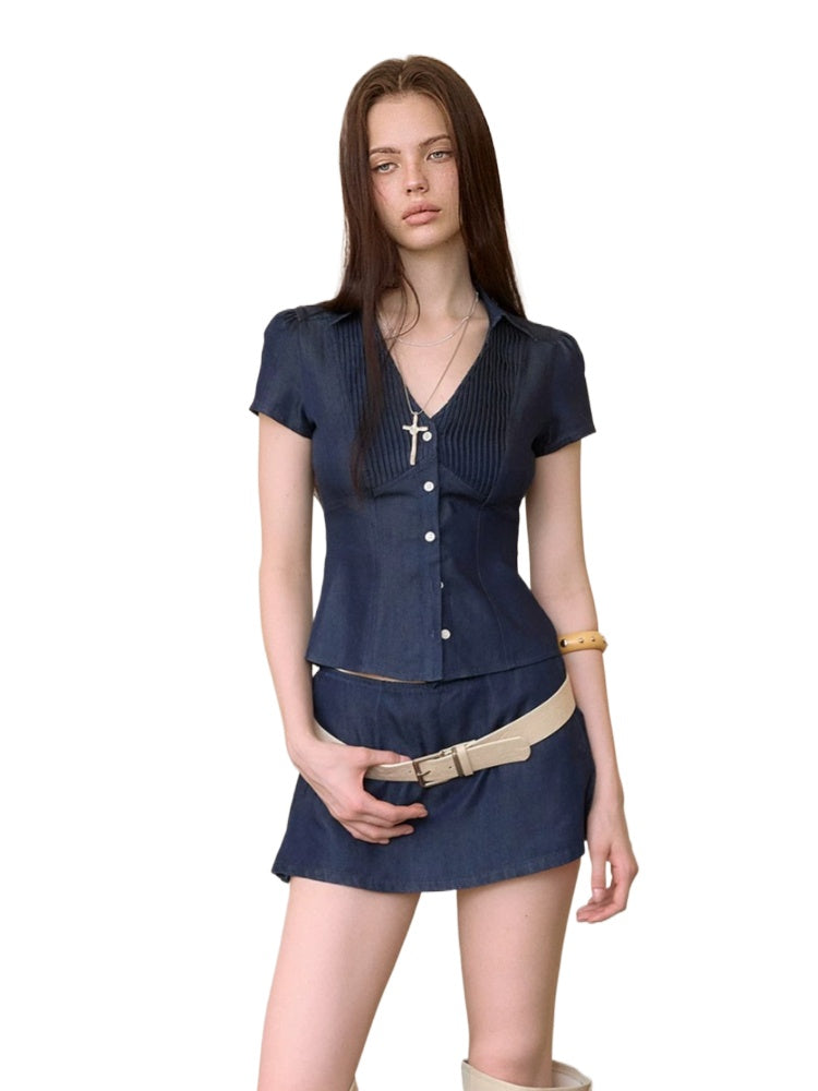 Denim V-Neck Skirt Set