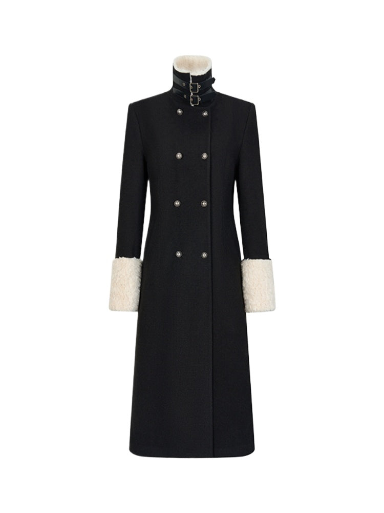 Wool Fleece Trim Long Coat