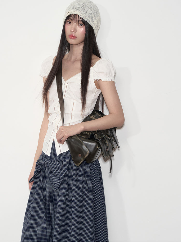 Lapel Waist-Cinching Lace Elastic Shirt