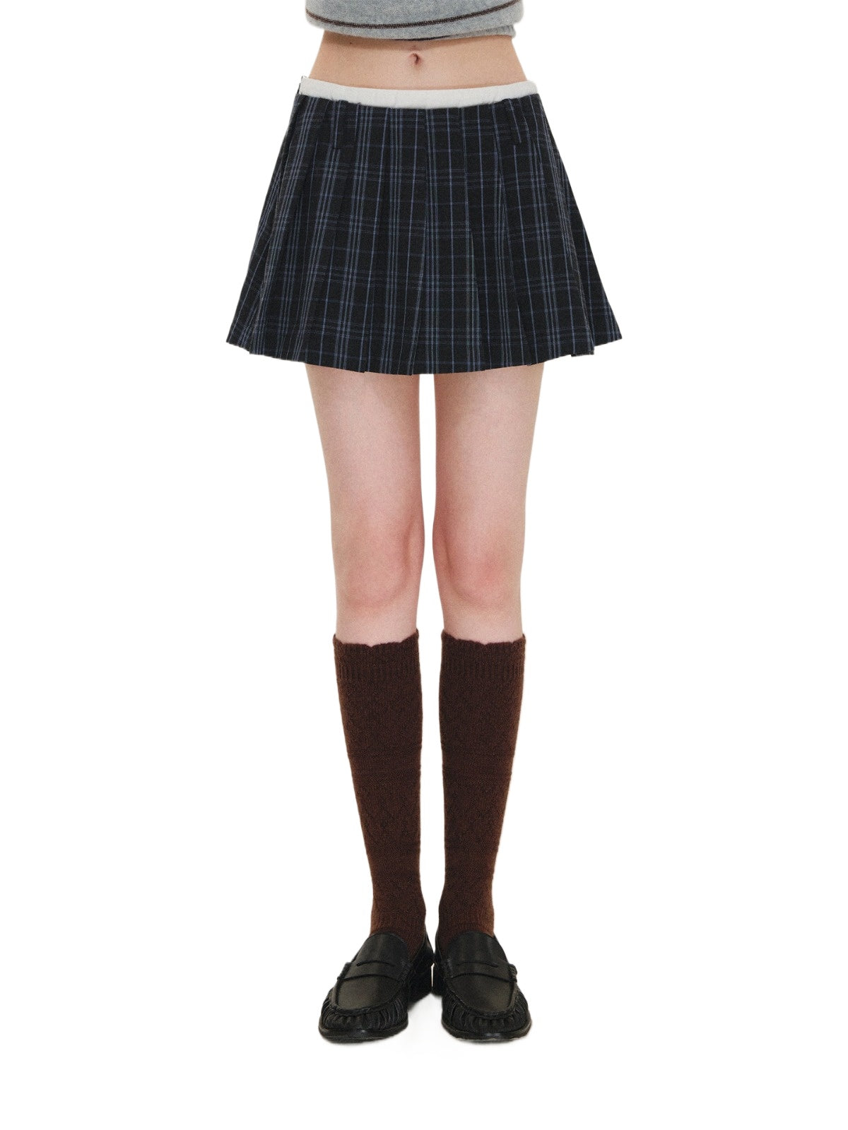 Contrast Waist Plaid Pleated Skirt