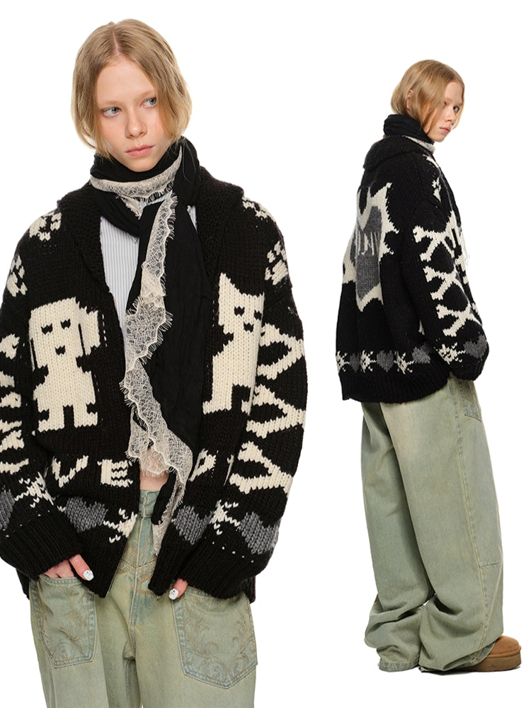 Vintage Jacquard Chunky Knit Cardigan