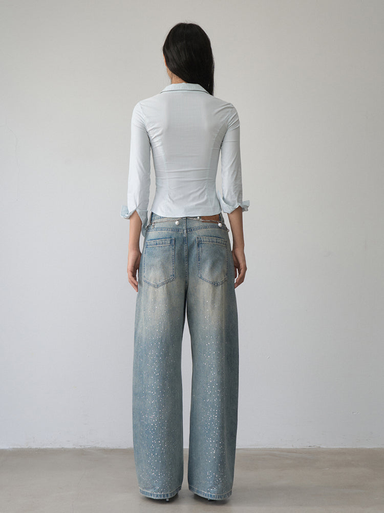 Contrast-colored Collared Waist-cinched Shirt