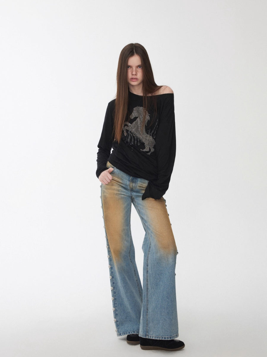 Mud-Dyed Washed Studded Straight-Leg Jeans