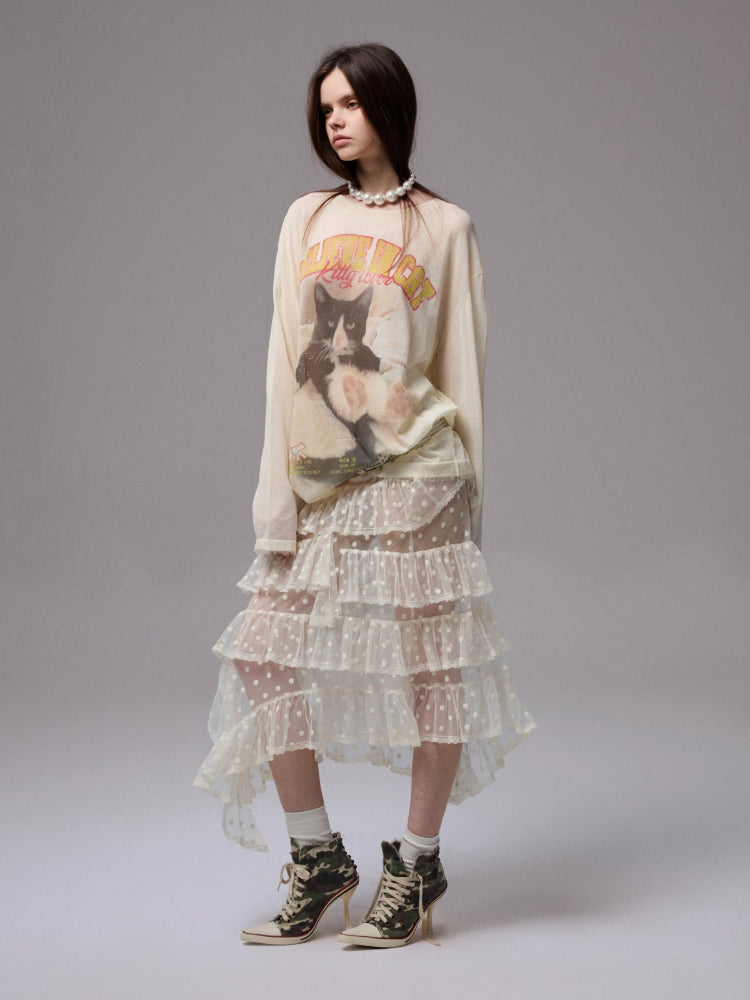 Polka Dot Lace Mesh Layered Skirt