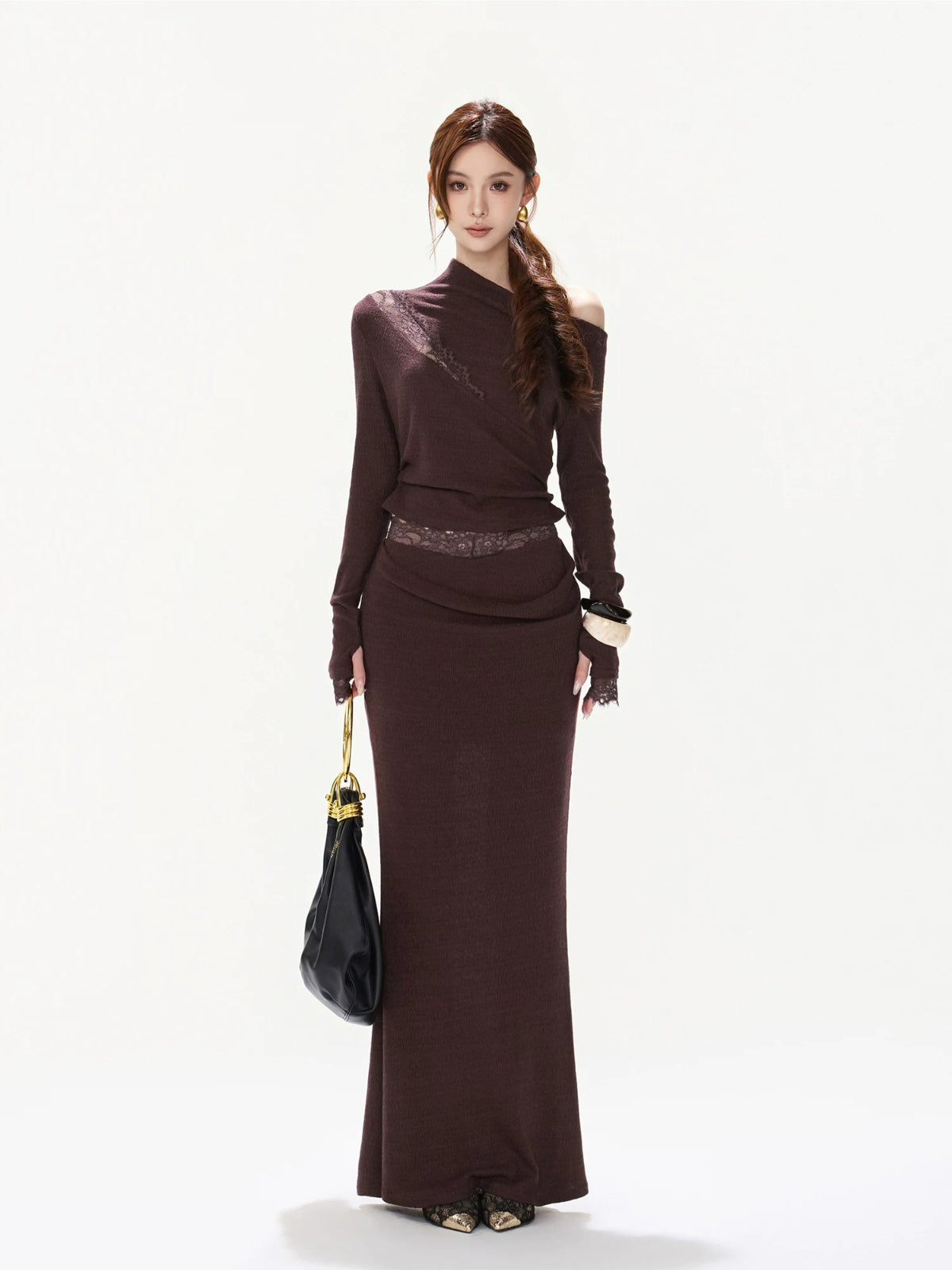 Purple Lace Ruched Top & Skirt Set