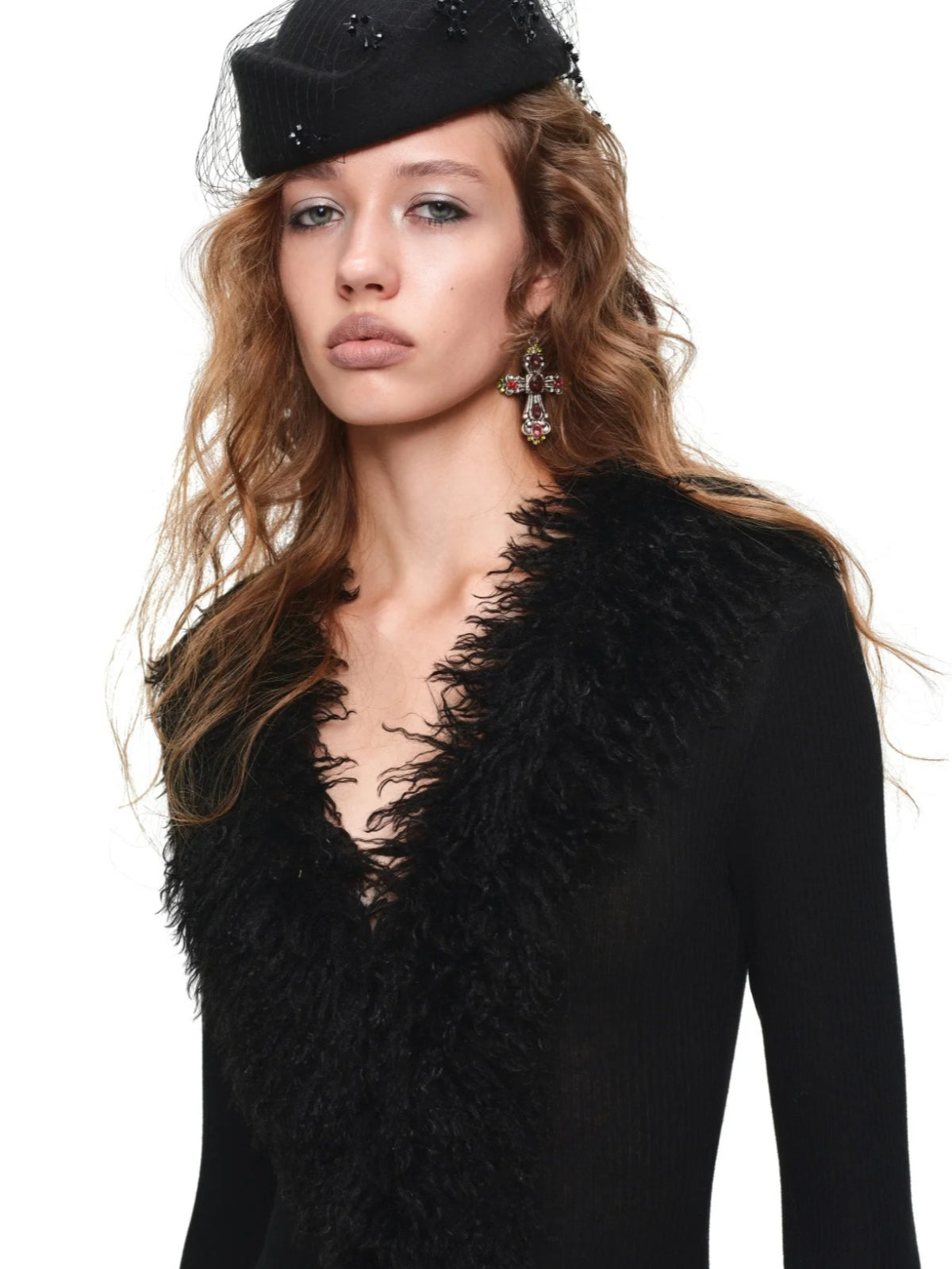 Lamb Fur V-Neck Knit Bodysuit
