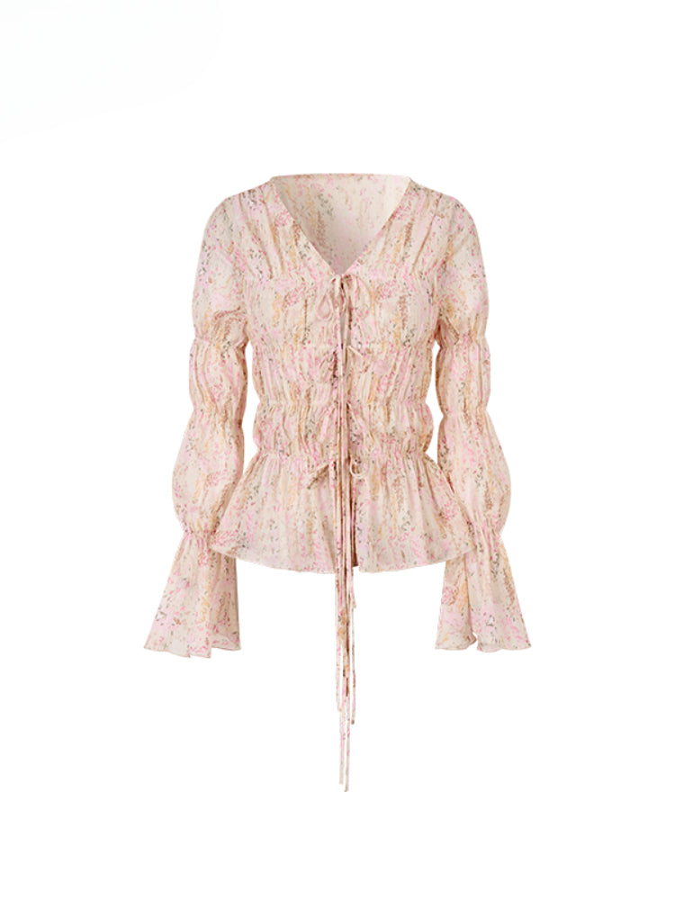 Small Floral Tie-Waist Sun-Protection V-Neck Blouse