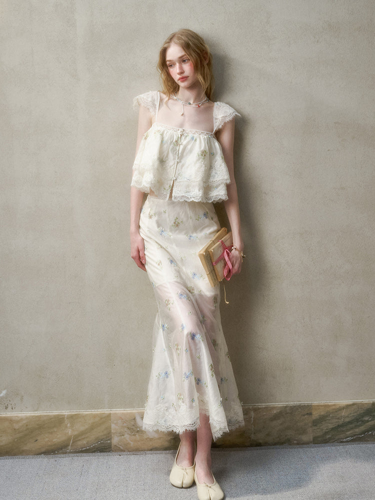 Lace Embroidery Flower French - Style Shirt & Skirt Set