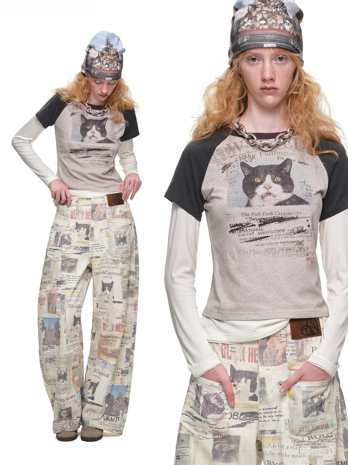 Cat Print Layered Raglan Top