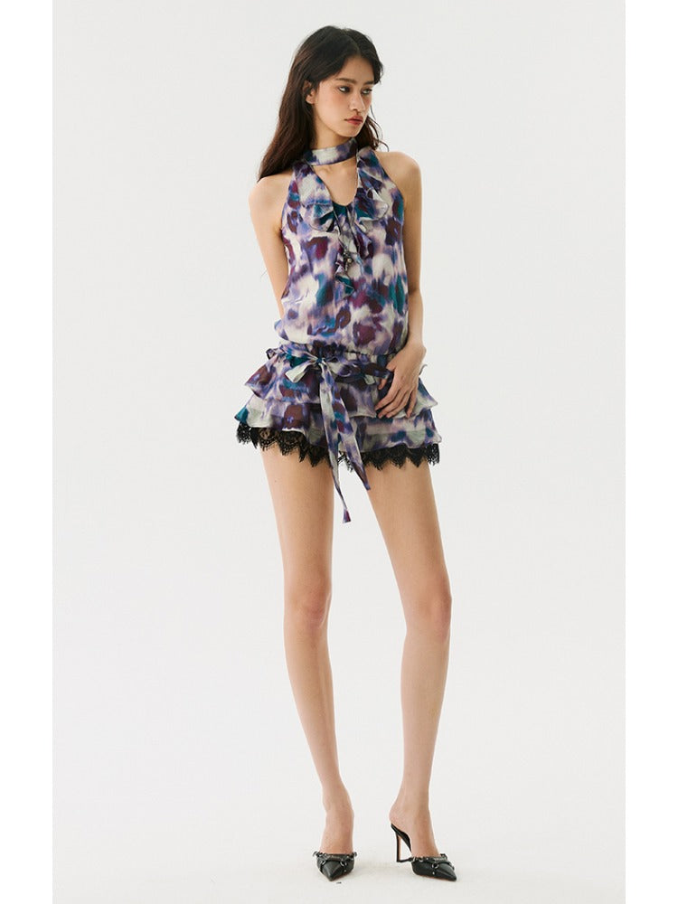 Purple Patterned Halter Lace Dress