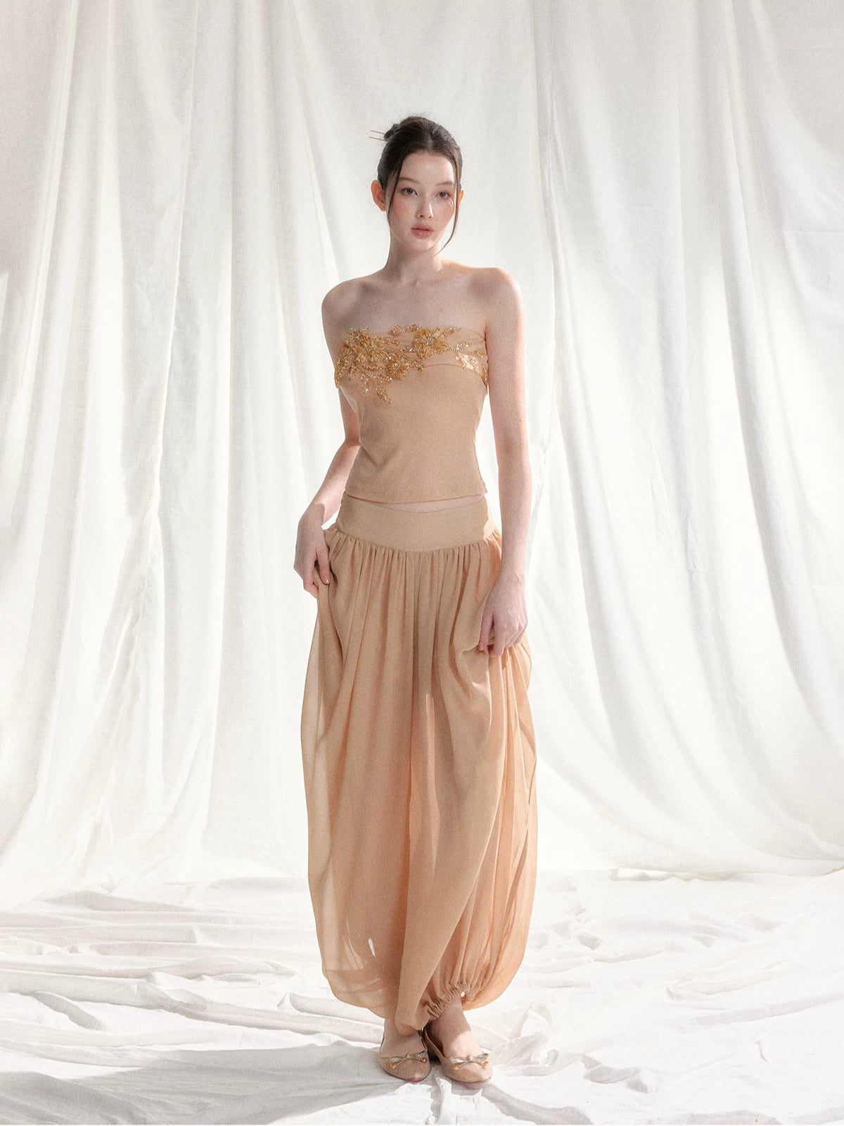 Floral Appliqué Bustier & Mesh Pants Set
