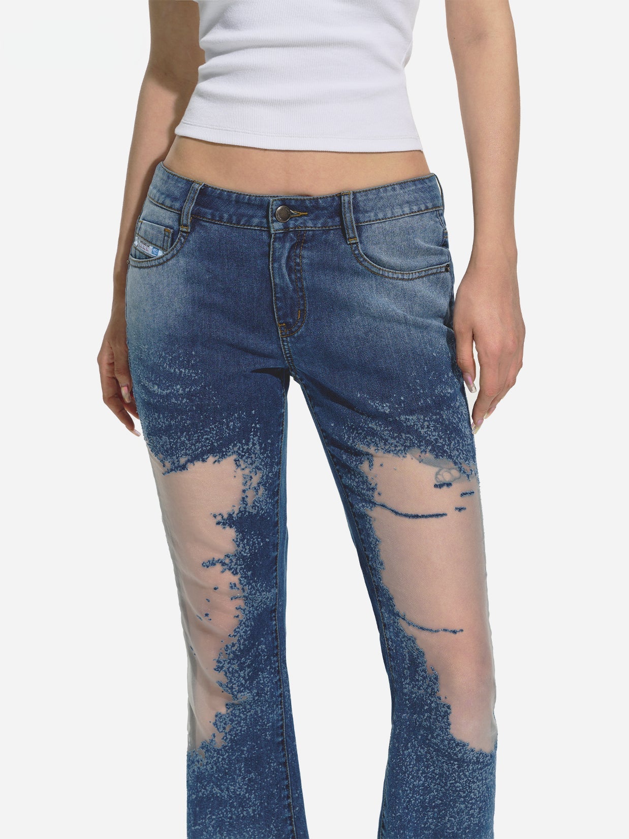 Blue Mesh Patchwork Low-Rise Flared Pants