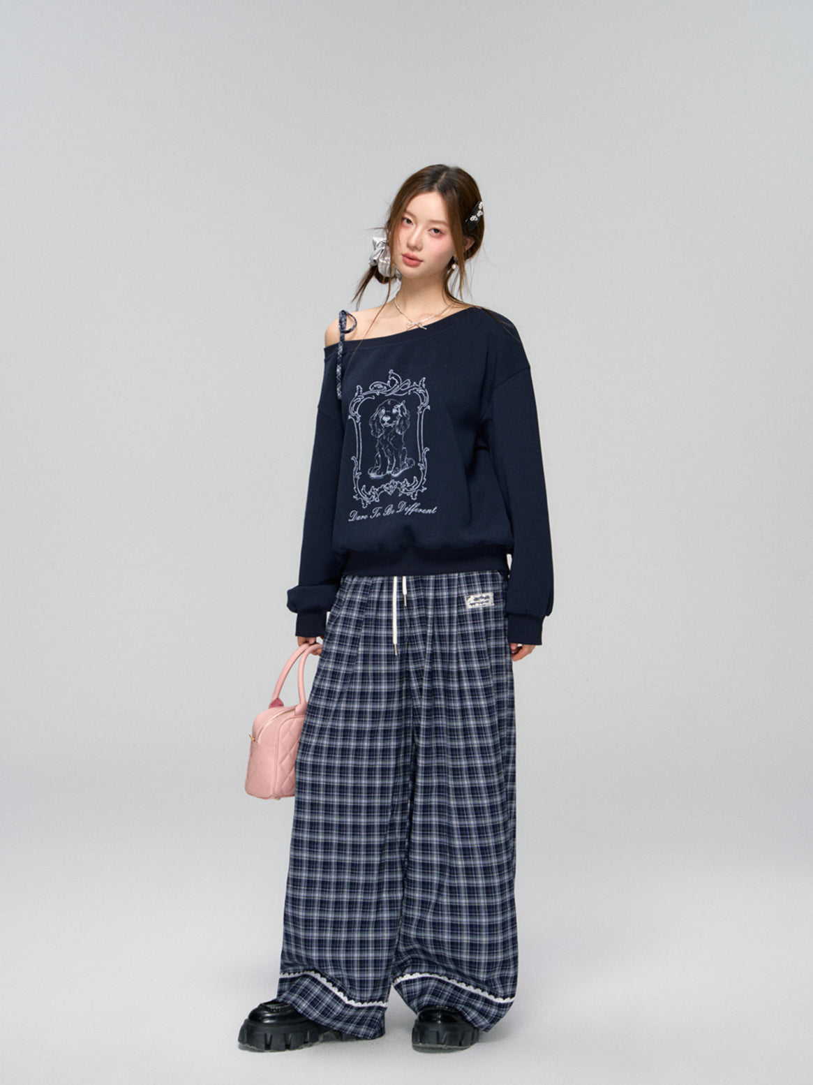 Navy Lace-Trim Plaid Pants