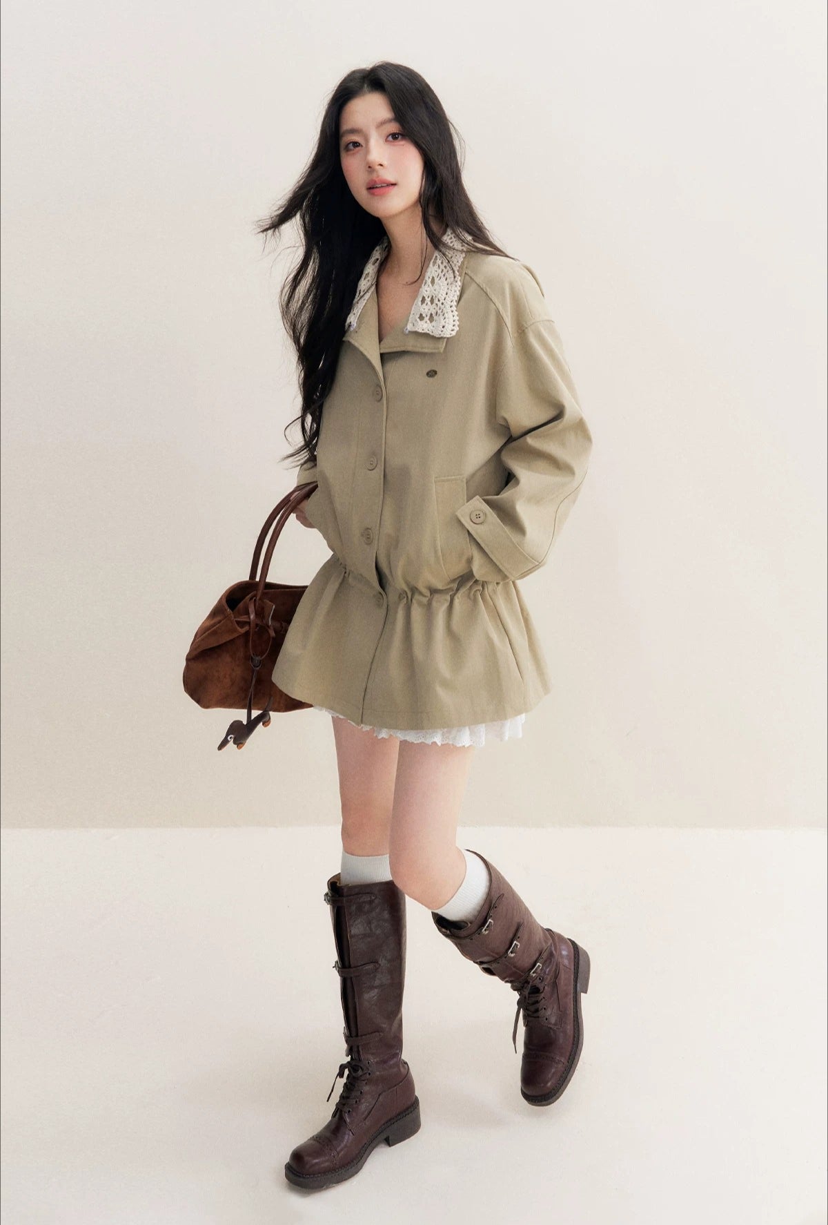 Crochet Collar Drawstring Coat