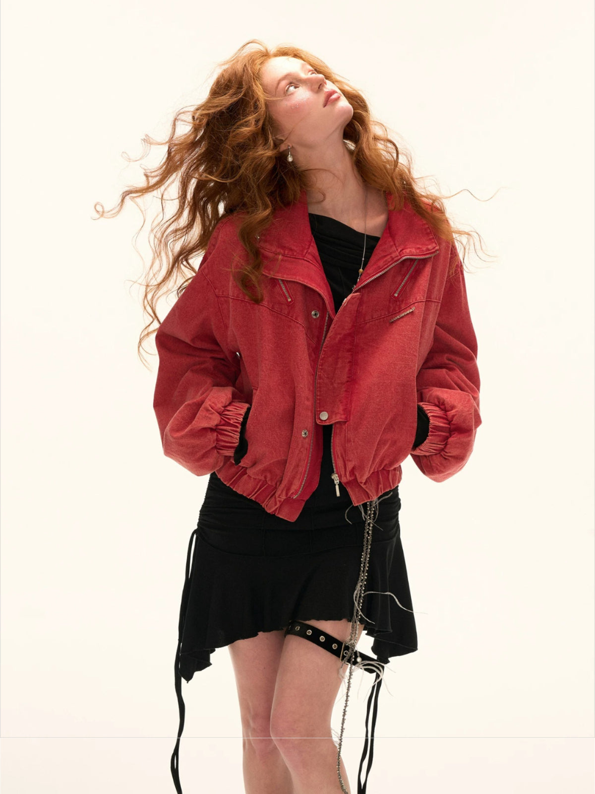 Red Utility Stand Collar Cropped Jacket